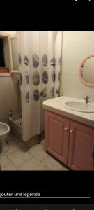 a bathroom with a shower curtain and a sink at Studio plage in Santa-Maria-di-Lota