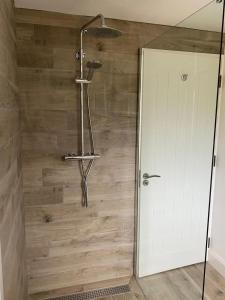 a shower with a white door and a wooden wall at Peg and Barrys Cottage near Fenit in Fenit