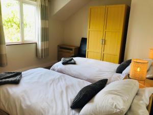 - une chambre avec 2 lits dotés d'oreillers noirs dans l'établissement Modern bright detached home just a short stroll from town, à Kenmare