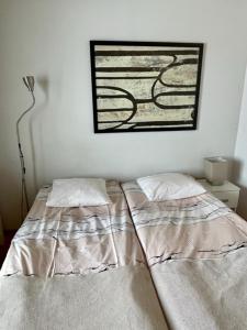 Joutsa的住宿－Lamminmäen Juhla ja Peti，卧室配有两张床,墙上挂着一幅画