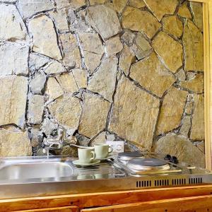 a kitchen sink with two coffee cups and a stone wall at Eco kutak 2 in Mojkovac