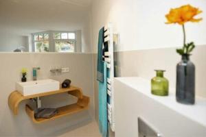 ein Badezimmer mit einem Waschbecken und einer Vase auf einem Regal in der Unterkunft ArtRoom Boarding Apartment in Bissendorf