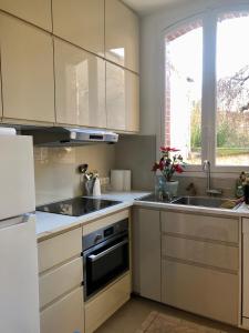 een keuken met witte kasten, een wastafel en een raam bij Maison et jardin à Epernay centre ville in Épernay