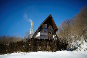 a small house sitting on top of a snow covered slope at Vila Negras in Trăisteni