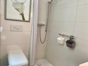 ein Bad mit einer Dusche und einem WC in der Unterkunft Haus Seeluft Whg 11 in Wangerooge