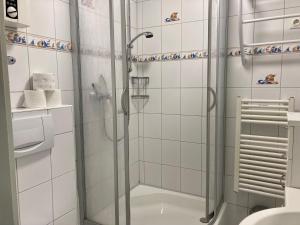 ヴァンガーオーゲにあるHaus Stortebeker Whg 4のバスルーム(ガラスドア付きのシャワー付)