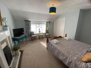 a bedroom with a bed and a desk and a television at 3 Bedroom Cottage Sleeps 5 village location in Scarborough