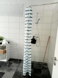 a shower with a blue and white curtain in a bathroom at Ferienzimmer Waldzauber in Borkwalde +38 photos