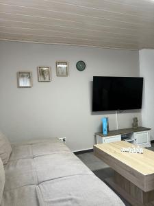 sala de estar con sofá y TV de pantalla plana en Ferienhaus Möhrle 2 en Überlingen