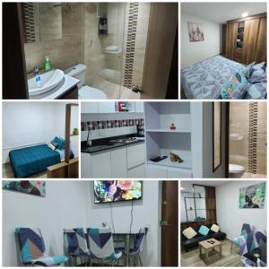 een collage van foto's van een badkamer en een slaapkamer bij Amoblado Norte en Bogota in Bogota