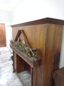 un bancone in legno con piante sopra in una stanza di شقة للايجار المفروش بسبورتنج ad Alessandria d'Egitto