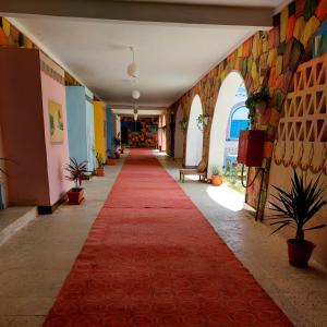 阿布辛貝的住宿－Hllol Hotel Abu Simbel，建筑中铺着红地毯的走廊