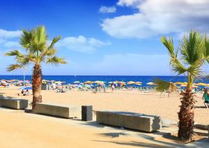 a beach with palm trees and people on the beach at Vivalidays Albert - Calella - in Calella