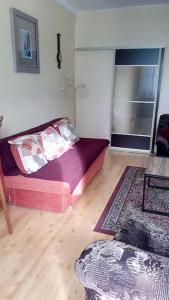 ein Wohnzimmer mit einem lila Sofa in einem Zimmer in der Unterkunft Apartment Letna near the city center in Košice