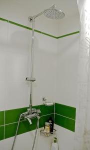 a shower in a bathroom with green tiles at Apartment Letna near the city center in Košice