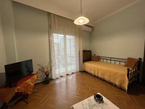 een slaapkamer met een bed, een tv en een raam bij Sofi’s Apartment in Kavala