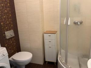 a bathroom with a toilet and a shower at Apartament Nuldenovski Resort Grzybowo in Grzybowo