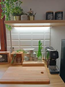 una encimera de cocina con una estantería con plantas. en Dom Apartment Luxury, en Cagliari