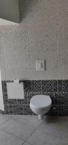 y baño con aseo en una pared de azulejos. en Le Bronze, appartement de standing en hypercentre, en Sarreguemines