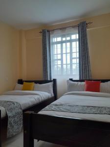 two beds in a room with a window at Milimani Nanyuki in Nanyuki