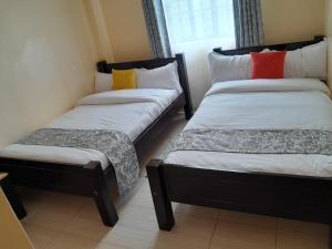 two twin beds in a room withacers at Milimani Nanyuki in Nanyuki
