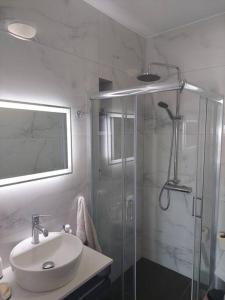 a white bathroom with a sink and a shower at Gesyl Apartment in Tolo