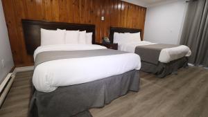 2 bedden in een hotelkamer met houten wanden bij Algonquin Lakeside Inn in Dwight