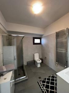 een badkamer met een toilet, een douche en een wastafel bij Artemis House in Nea Fokea