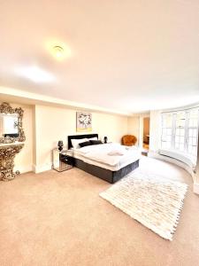 a large bedroom with a large bed and a rug at Knightsbridge villa, Westminster in London