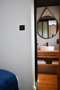 baño con espejo y lavabo en Le Cheval Blanc - Lac du Der - Logis Hotel, en Giffaumont-Champaubert