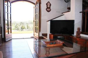 uma sala de estar com uma televisão de ecrã plano e uma mesa em Quiet villa with swimming pool near Monaco em Peille