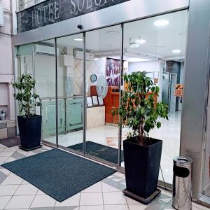 two potted plants in front of a store at Hotel Solomou Athens in Athens