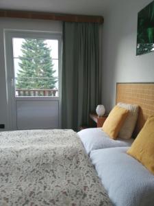 a bedroom with a bed and a window with a tree at Dame vam pokoj - 4 pokoje se sdilenou kuchyni, kapacita max 9 osob in Harrachov