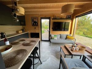 a room with a kitchen and a living room at Bies i Czadek in Zahoczewie