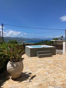 un patio con piscina y una maceta en Villa Thea - The View 2nd floor, en Áno Yerakaríon