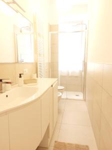 La salle de bains blanche est pourvue d'un lavabo et d'une douche. dans l'établissement Apartment Ca' de Bezzi, à Bolzano