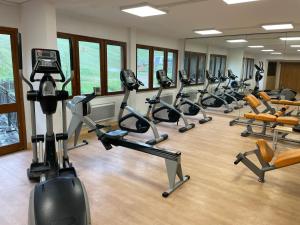 - une salle de sport avec une rangée de tapis de course et de vélos d'exercice dans l'établissement Studio 1411, à Ustou