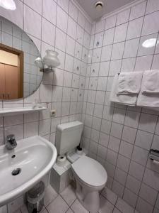 a white bathroom with a toilet and a sink at Hotel Holtriemer Hof in Nenndorf