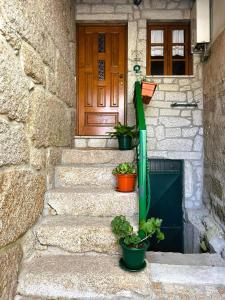una porta d'ingresso di una casa in pietra con piante in vaso di Casa do Palheiro a Campo do Gerês
