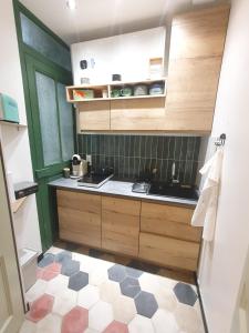 a small kitchen with wooden cabinets and a sink at Studio de charme au cœur de Lyon in Lyon