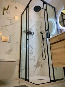 een douche met een glazen deur in de badkamer bij Porto Cave-styled duplex in Porto