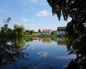 Blick auf einen See mit Häusern und Gebäuden in der Unterkunft Ferienwohnung Karlsruhe in Karlsruhe
