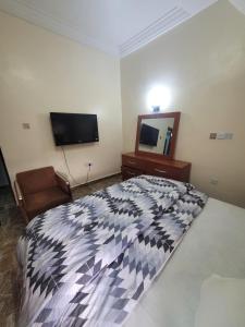 a bedroom with a bed and a mirror and a television at Dazzle Apartments in Jidu