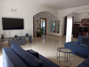 ein Wohnzimmer mit einem blauen Sofa und einem TV in der Unterkunft Villa faravohitra in Antananarivo