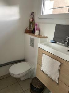 Łazienka z białą toaletą i umywalką w obiekcie Chambre à louer 1 à 2 personnes chez l'habitant w mieście Saint-Herblain