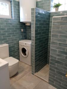 a bathroom with a washer and a toilet and green tiles at BalcsiHáz Badacsony in Badacsonytomaj +61 photos