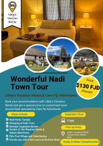 a flyer for a hotel room with a bed at Libby's Vacation Rental 2 Bed Home 1-4 Guests in Nadi
