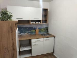 una cocina con armarios blancos y fregadero en Ferienwohnung Luitpold 1, en Memmingen