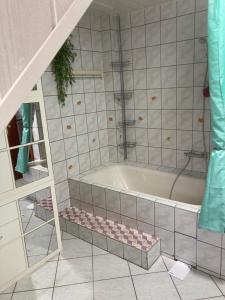 W łazience znajduje się wanna i prysznic. w obiekcie Gästezimmer zum Waldsachsener Grund w mieście Meerane