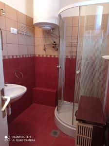 La salle de bains rouge est pourvue d'une douche et d'un lavabo. dans l'établissement Mátyás király Apartman, à Vonyarcvashegy